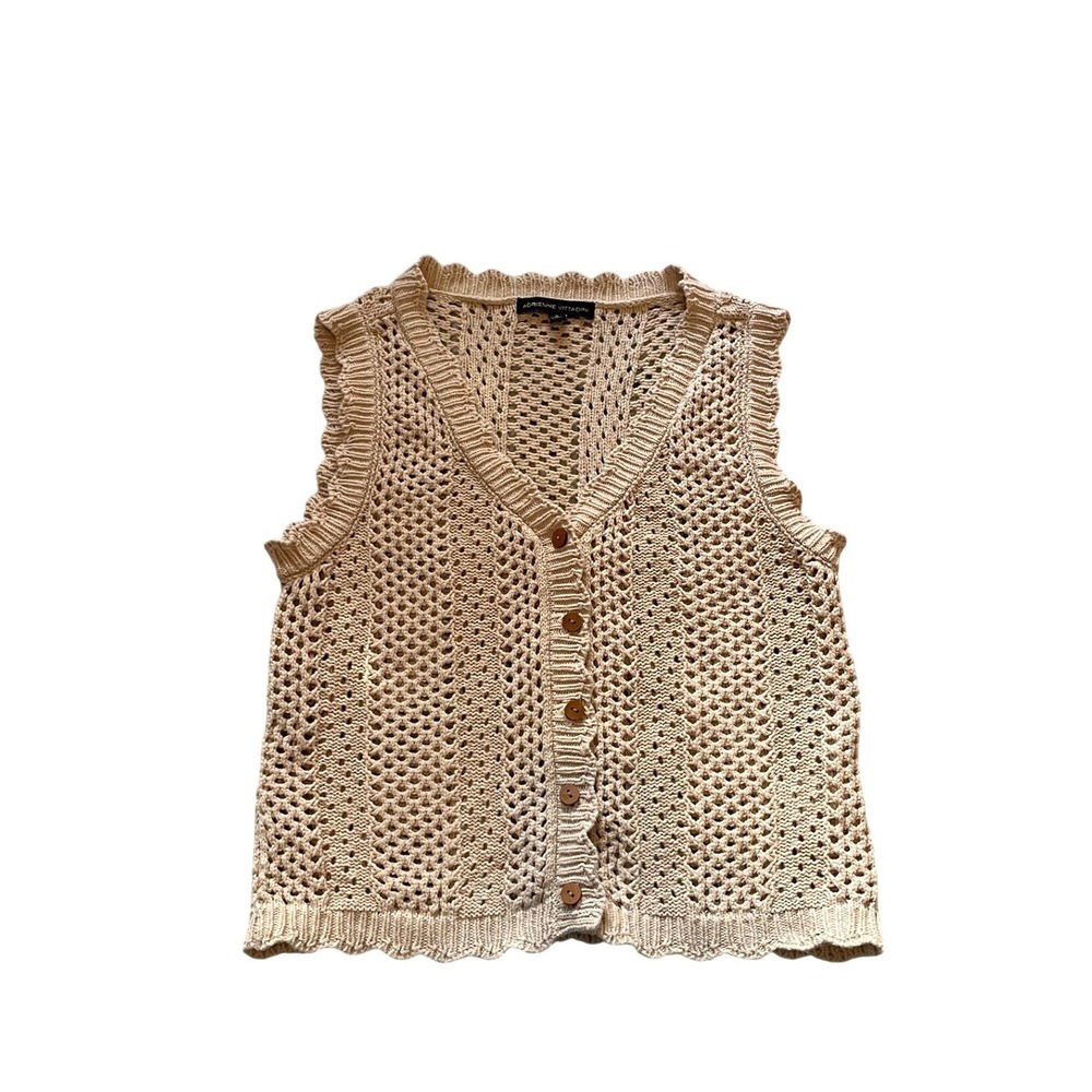 Adrienne Vittadini Beige Crochet Knit Vest Scallop Ruffle V-Neck Button Front S